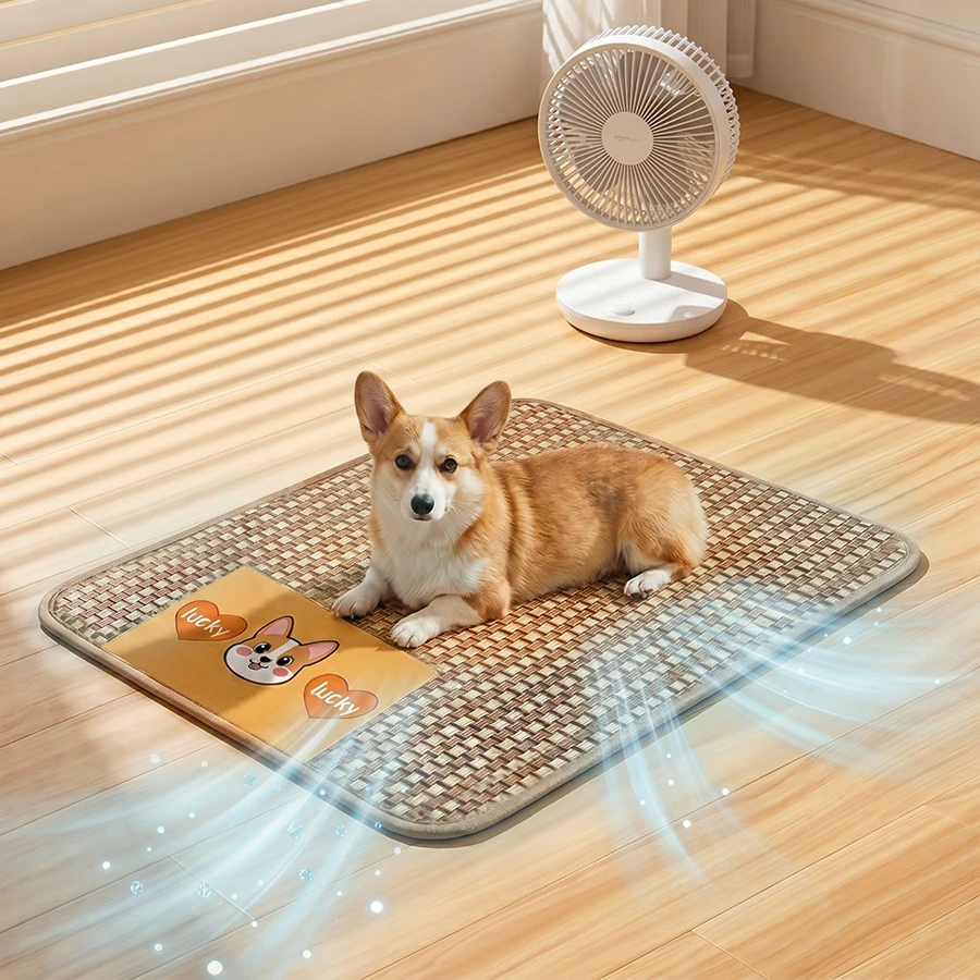 Sommerliche gewebte Haustier-Kühlmatte, universelle Rattan-Schlafmatte für Katzen und Hunde, spezielle Kühlmatte für den Sommer, geeignet für große, mittelgroße und kleine Haustiere Image