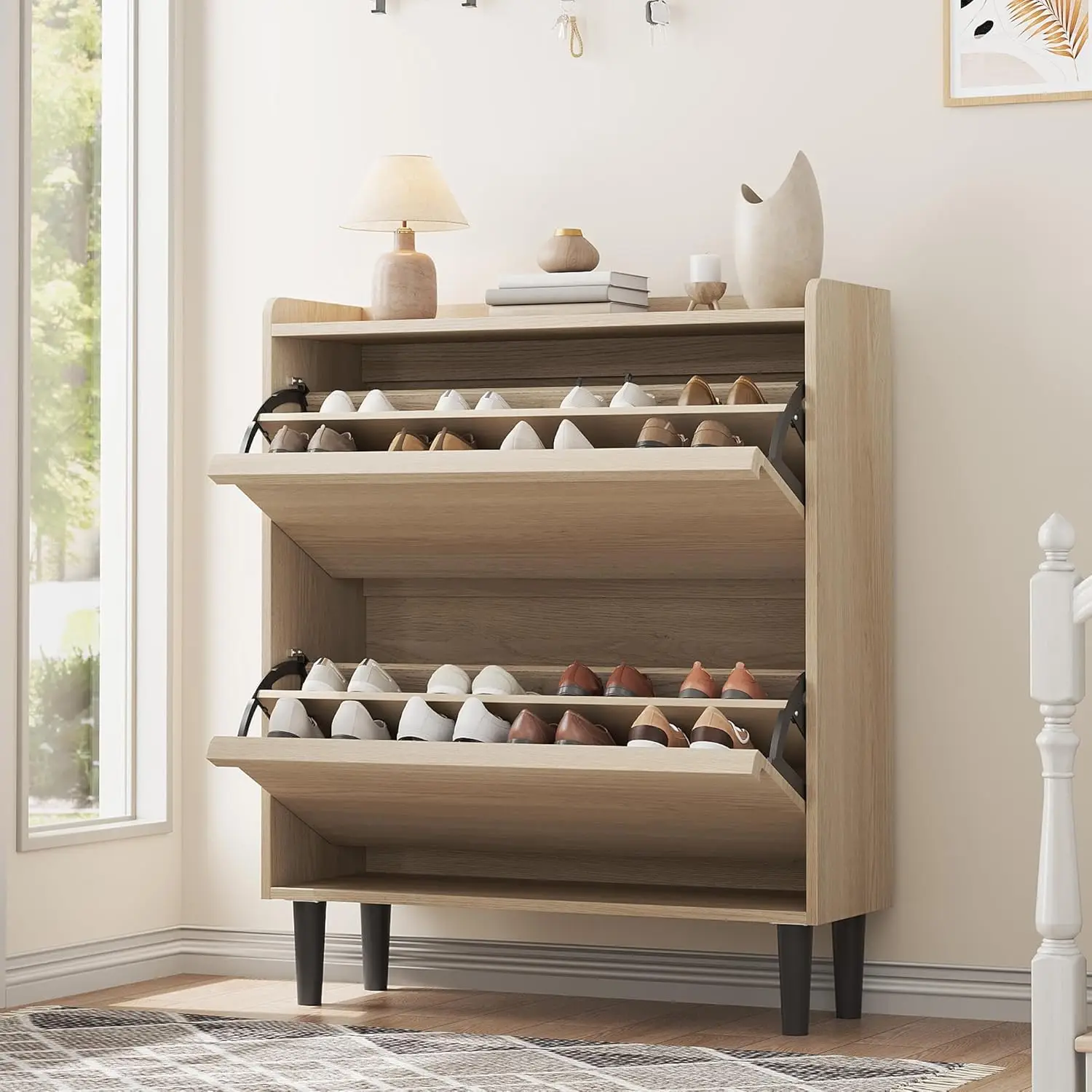 Holz-Schuhschrank mit 2 herunterziehbaren Schubladen: Schlankes, platzsparendes Aufbewahrungsregal und schmaler Schrank für Wohnzimmer, Flur
