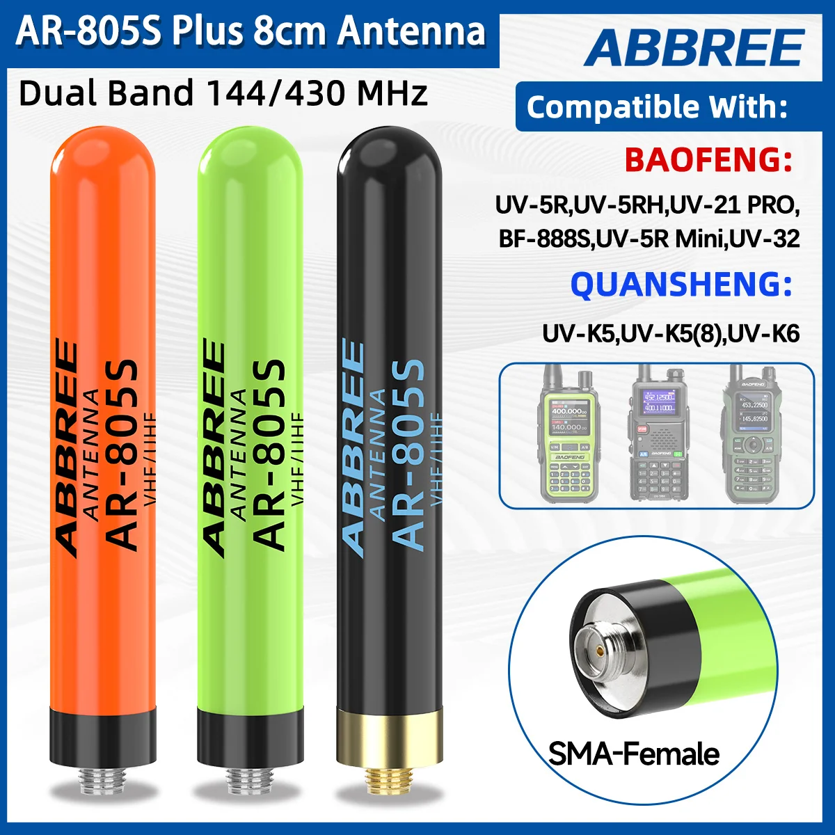 ABBREE AR-805 Plus 805S Kurz-/Langstrecken-Walkie-Talkie-Antenne Dualband SMA-Buchse mit Hoher Verstärkung für Baofeng UV-5R MINI UV-32 Amateurfunk Image
