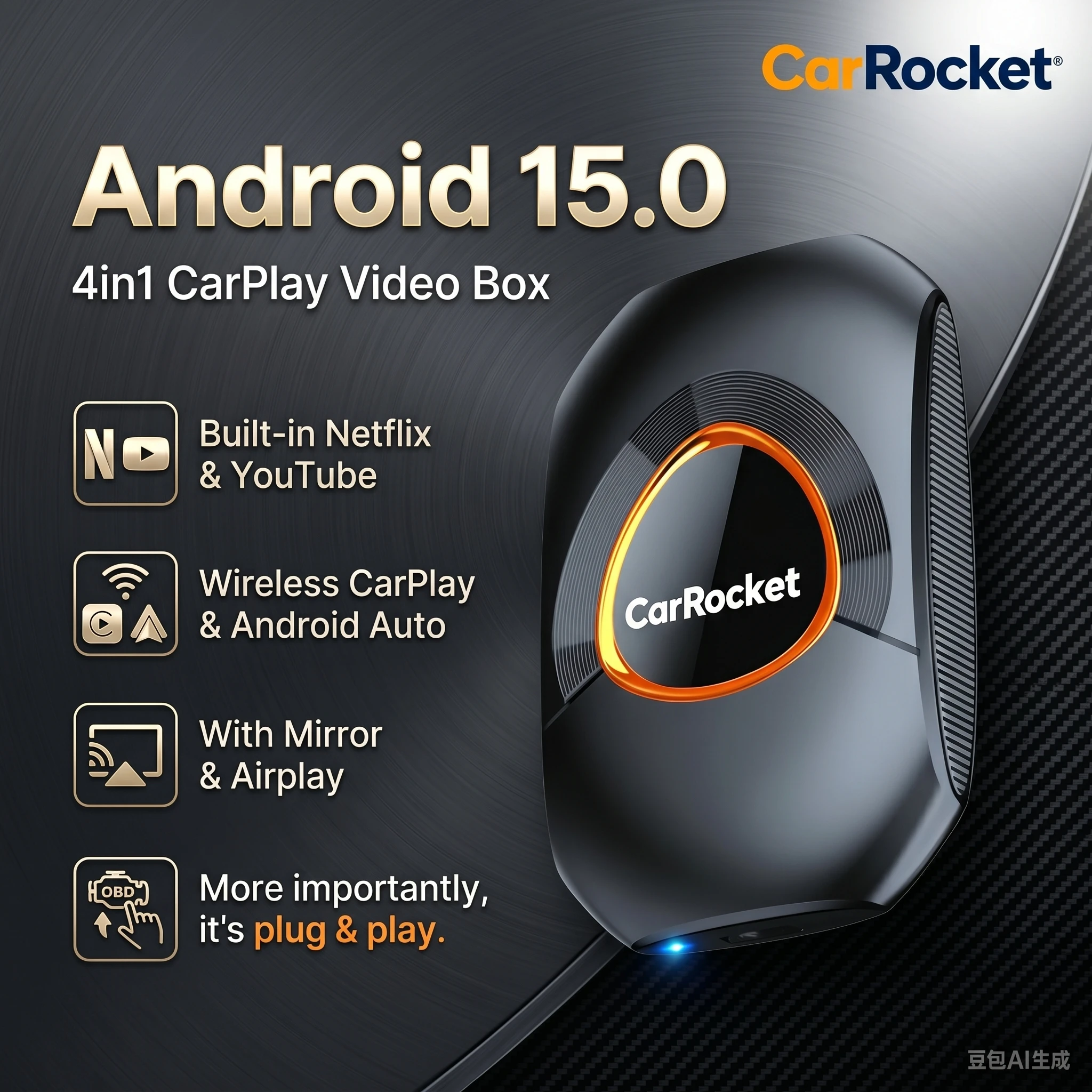 CarRocket Wireless CarPlay AI Box für werkseitig verdrahtete CarPlay-Fahrzeuge Android 15.0 Android Auto Dual-Band-WLAN Bluetooth 5.2 Auto Con Image