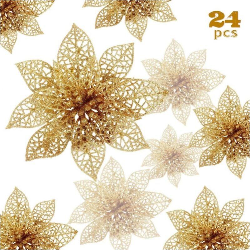 Fiori Di Natale, 24 Fiori Di Natale Scintillanti, Fiore Di Natale Cavo E Scintillante, Stella Di Natale Artificiale, Decorazione Per Albero Di Natale, Matrimonio, Festa, Natale (oro)