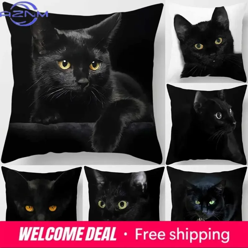 Schwarzer Katzen-bedruckter quadratischer Kissenbezug für Heimtextilien, Auto- und Sofakissen Image