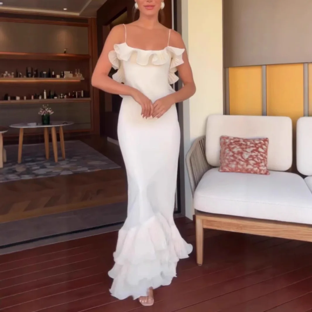 Rückenfreies, gerüschtes, figurbetontes langes Kleid mit Spaghettiträgern, einfarbiges Abendkleid, sexy Partykleid Image