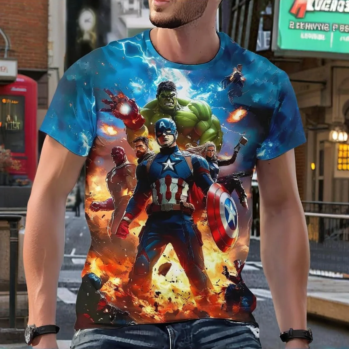 Trendy Man Marvel 3D-Grafik-T-Shirt Captain America Hulk Battle Posture Bedruckt Sommer Kurzarm Lose Blickfang Image