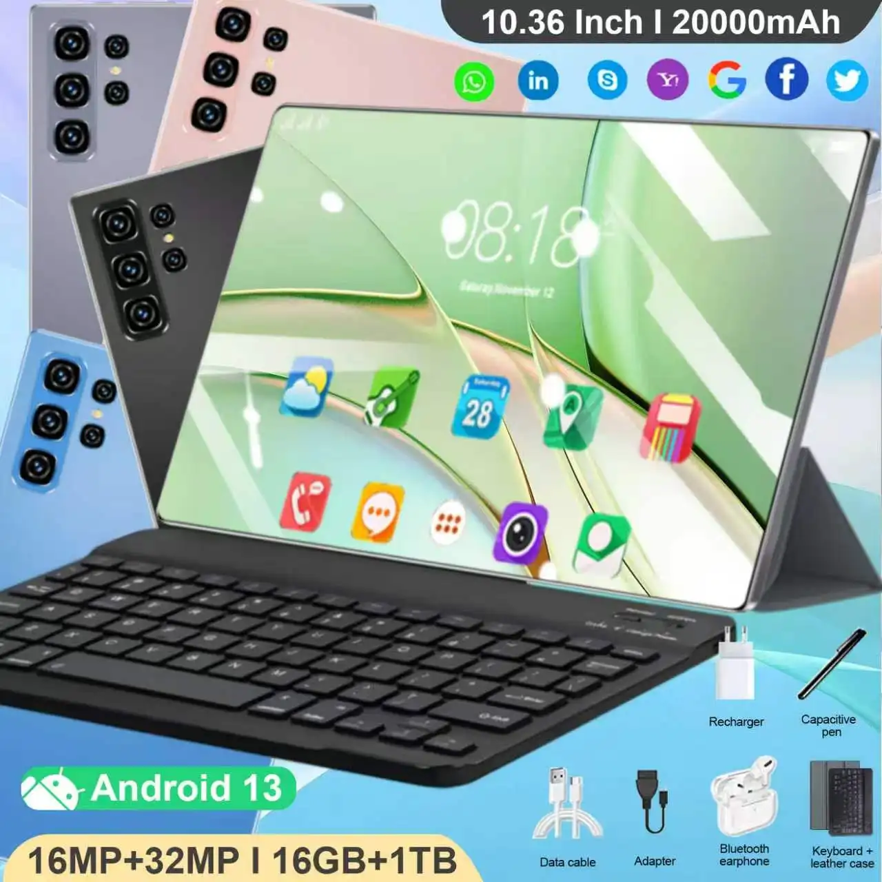 Nuovo Tablet 5G Versione Globale da 10.36 Pollici, Android 13, 16GB RAM, 1TB ROM, 20000mAh, 14 Core, Dual SIM, HD 16MP+32MP, Schermo Touch, Tastiera Bluetooth, Tablet PC per Ufficio