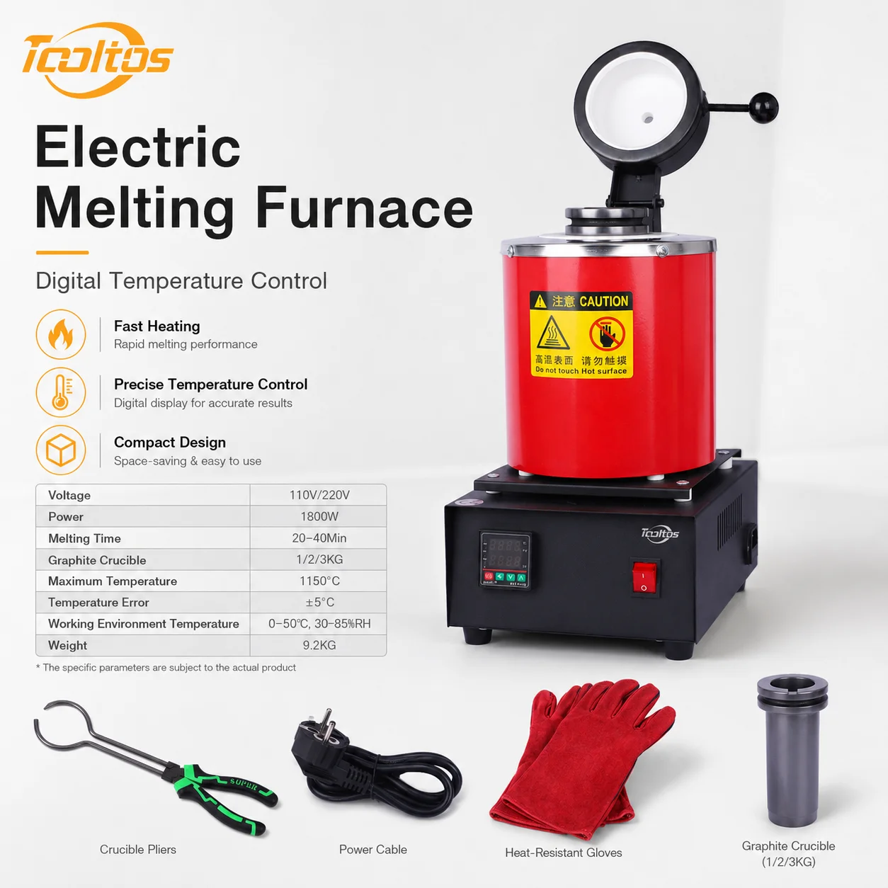 TOOLTOS 1800W Digitaler Goldschmelzofen 1150°C Elektrischer Schmelzer mit Graphittiegel für Gold, Silber, Kupfer Image