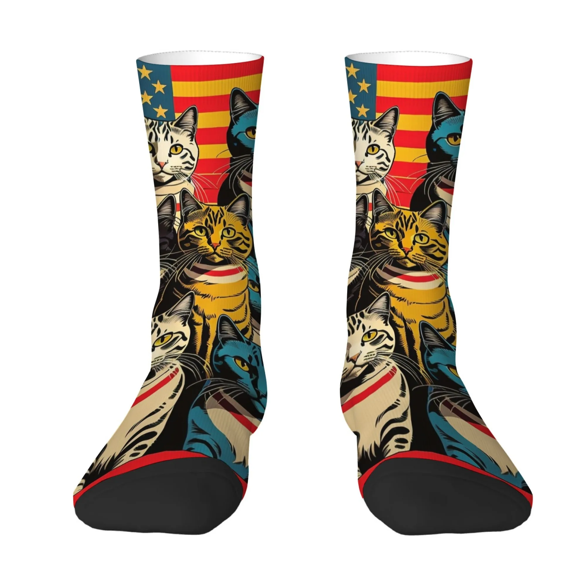Herrensocken mit Katzenmuster im amerikanischen Flaggen-Design, bequeme, atmungsaktive, hautfreundliche, lustige und modische Street-Style-Socken Image