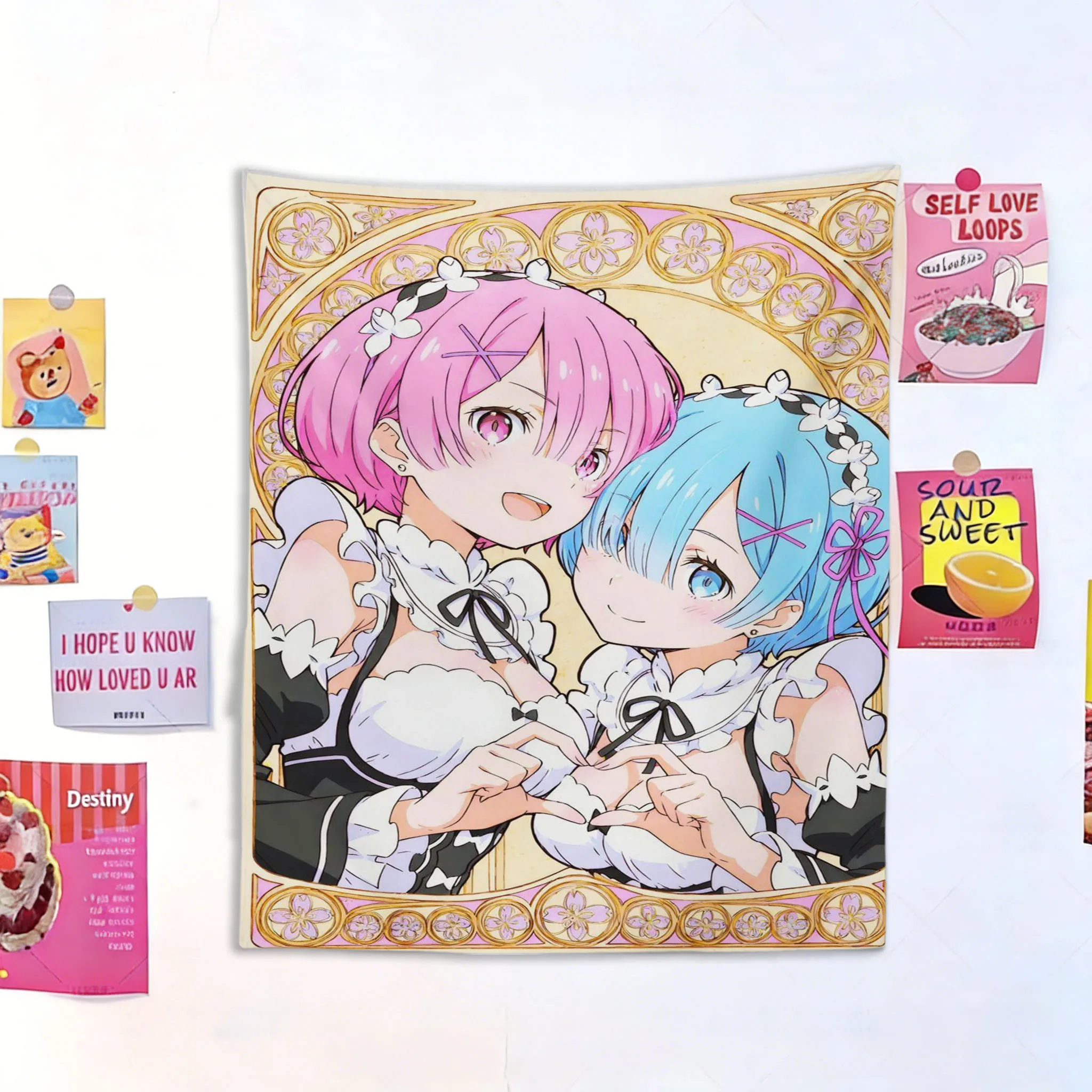 Re:Zero Ram & Rem Wandteppich, Art Nouveau Wandbehang mit Dienstmädchen-Schwester-Motiv für Schlafzimmer, Studentenwohnheim und Otaku-Raumdekoration Image