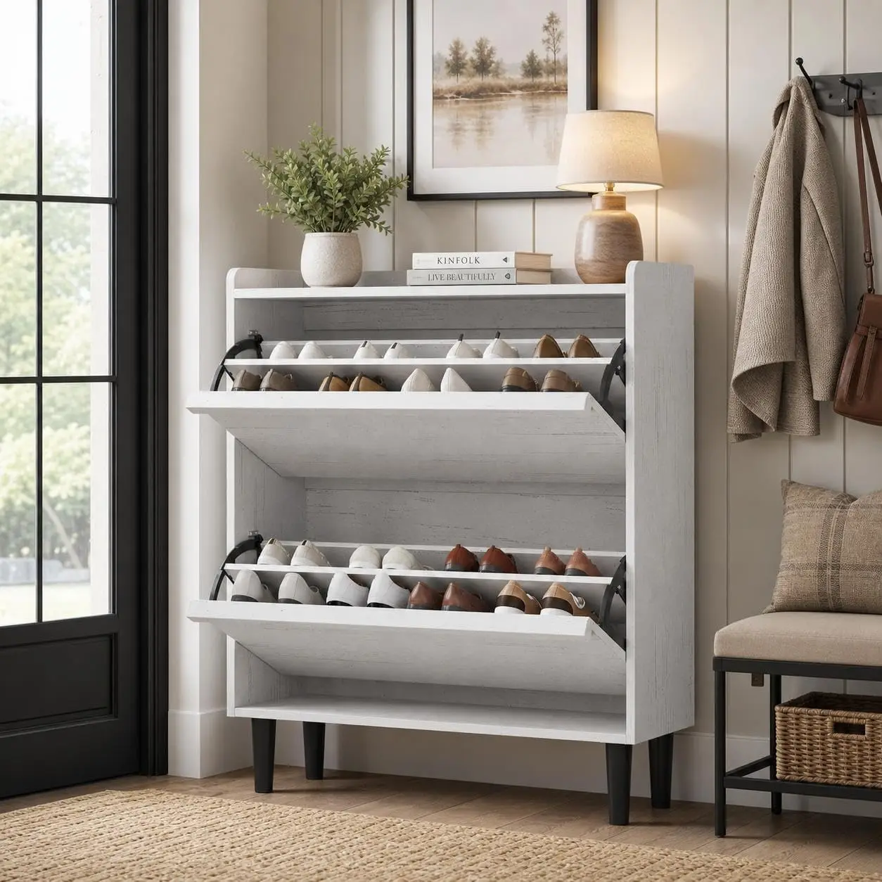 Garvee 2-Schubladen Holz-Schuhschrank: Moderner Schlanker Vertikaler Aufbewahrungsorganizer mit Verstellbarem Regal für Eingangsbereich und Flur