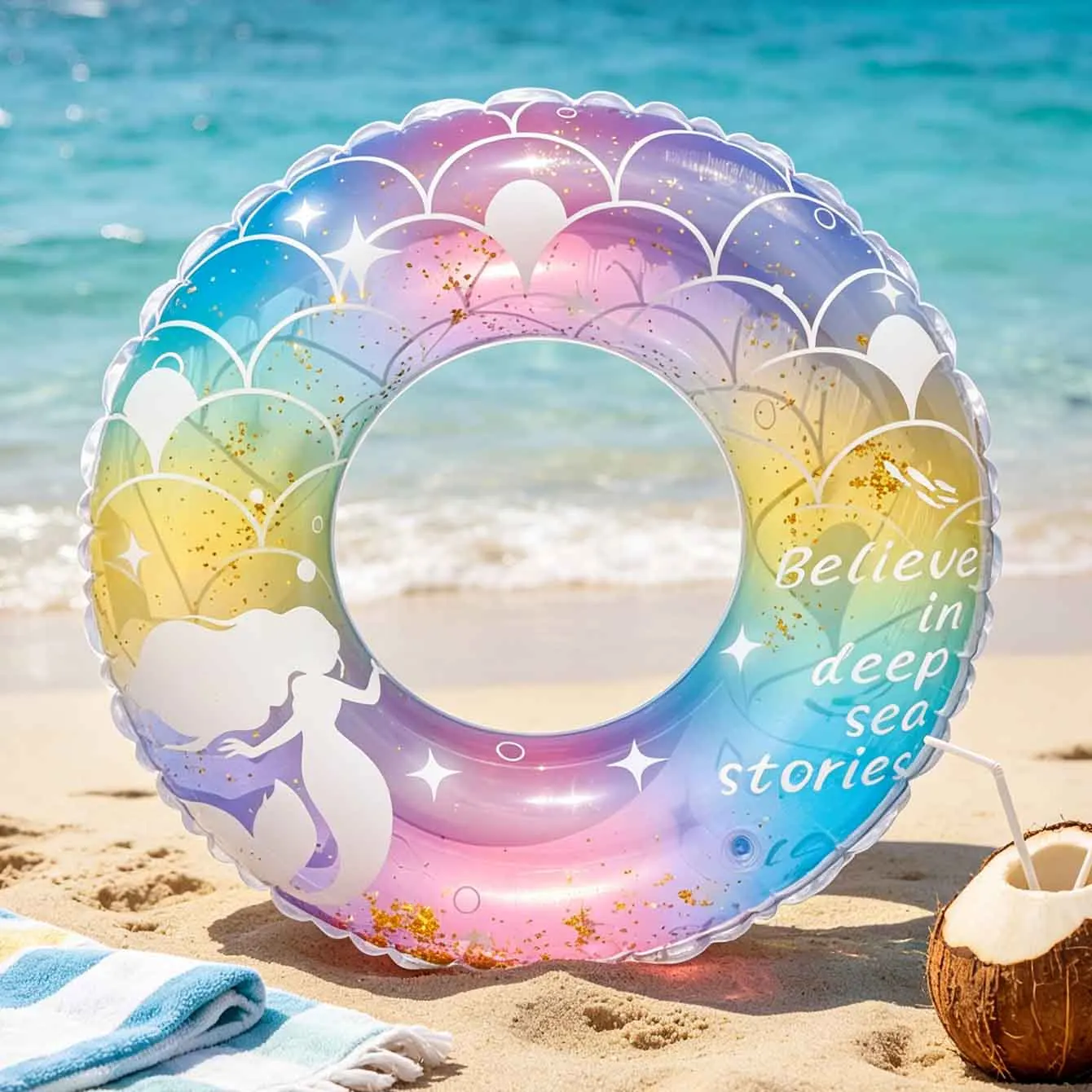 1 Stück Meerjungfrau-Glitzer-Schwimmring, aufblasbarer Regenbogen-Pool-Schwimmreifen mit Griffen, Sommer-Strand-Wasserparty-Schwimmhilfe Image