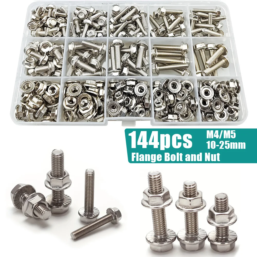144-teiliges Sechskant-Flanschschrauben- und Mutternset aus Edelstahl, M4/M5, Länge 10 mm, 12 mm, 16 mm, 20 mm, 25 mm Image