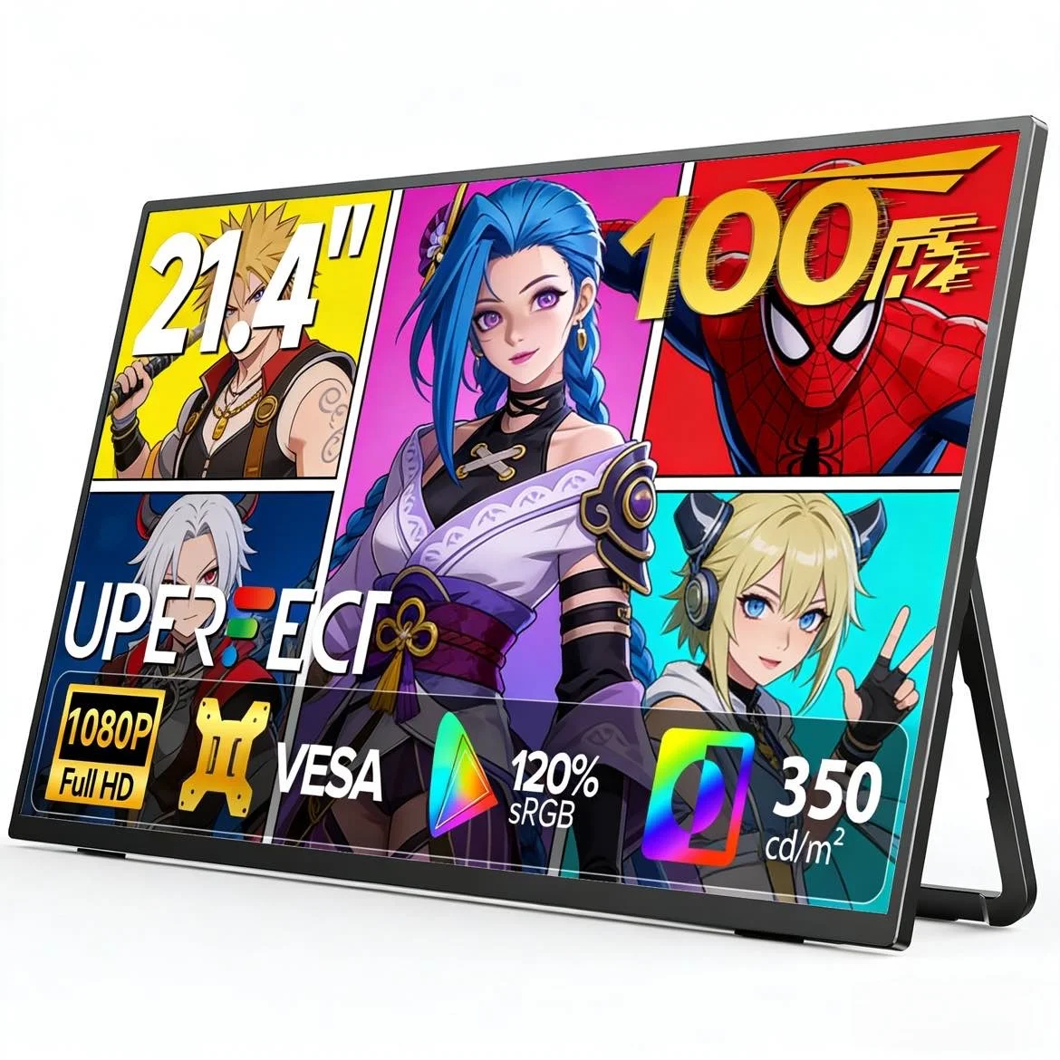 UPERFECT 21,4" tragbarer Monitor 100Hz 1080P FHD VA Freesync 120% sRGB USB-C HDMI Plug And Play Gaming-Bildschirm Externes Display Dual Lautsprecher Verstellbarer Ständer für PC Laptop Mac Telefon Image