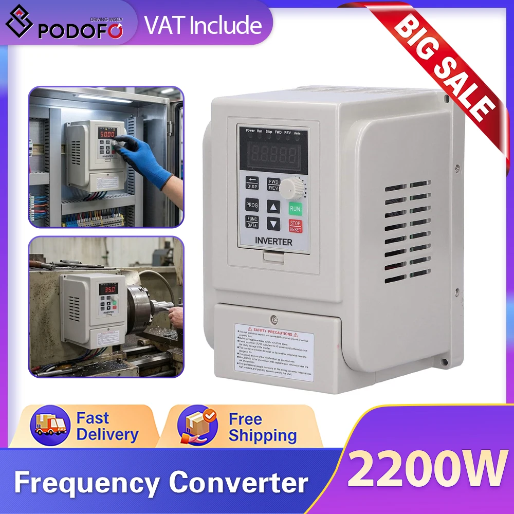 Podofo 2,2KW VFD-Wechselrichter Frequenzumrichter AC 220V 3-Phasen-Ausgang Frequenzumrichter für Wasserpumpenmotor CNC Image