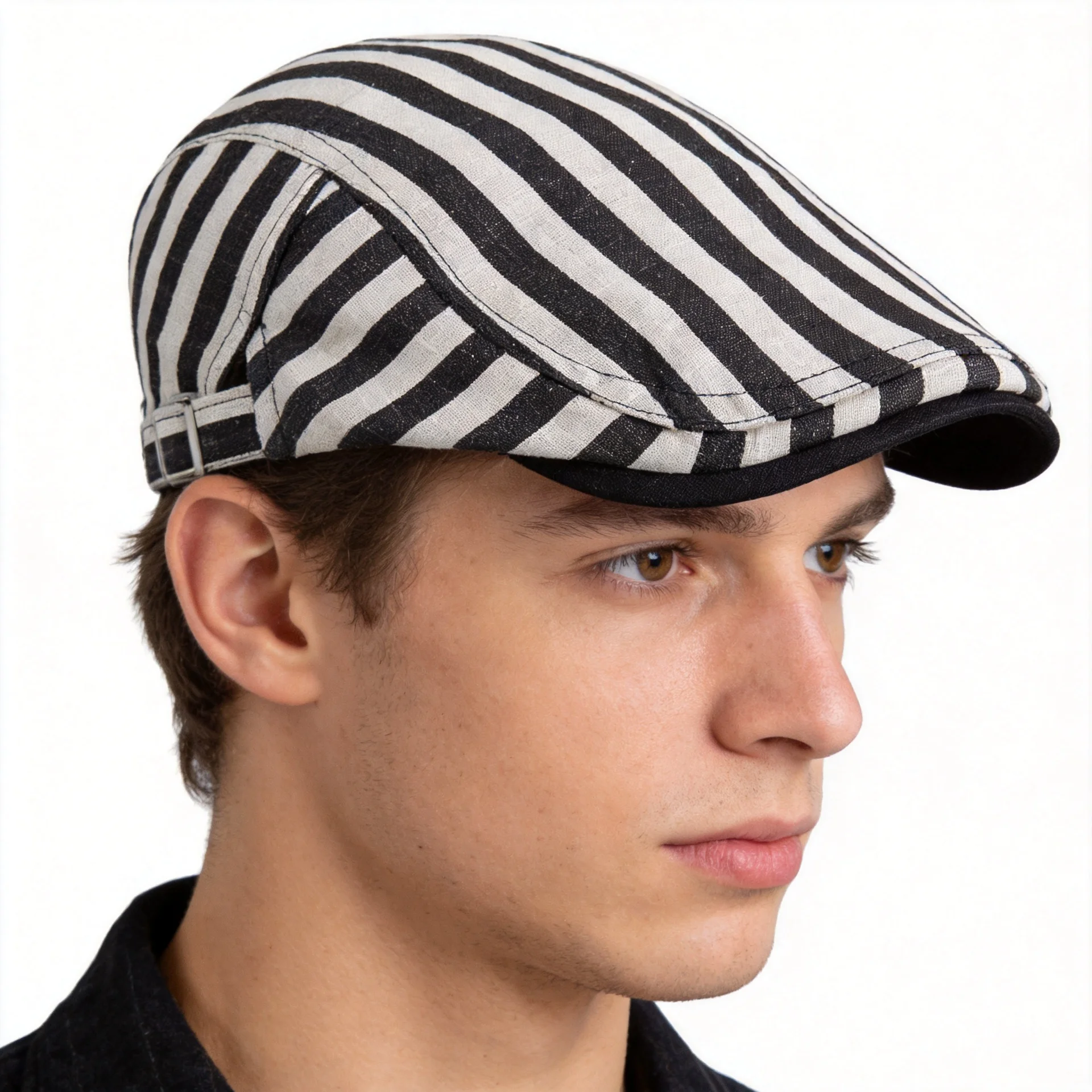 Vintage Gestreifte Newsboy-Mütze Atmungsaktive Baumwolle Verstellbare Unisex Fahrermütze für Modebewusste Image