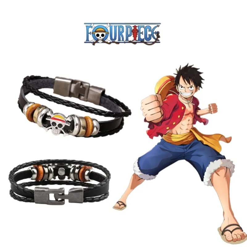 1 Stück One Piece Luffy Piraten-Armband Japan Cartoon Actionfigur Punk Schwarzes Leder Geflochtenes Punk-Rock-Armband Geschenke Spielzeug