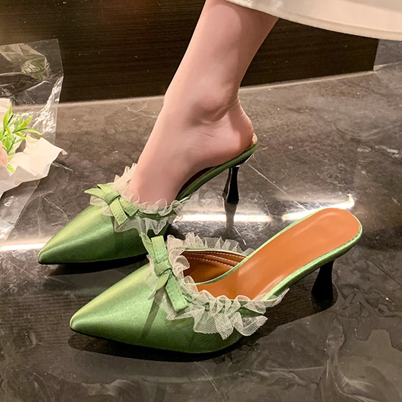 Damen Spitze Pantoletten mit Schleife, Hohe Absätze, Elegante Slingback-Sandalen, Luxuriöse Sexy Pumps, Neue Party-Schuhe für Damen Image
