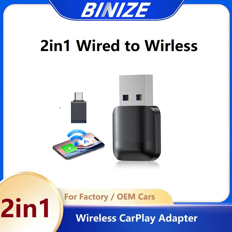 2-in-1 Wireless CarPlay Adapter: Kabelgebundenes zu kabellosem CarPlay umbreiteln – Plug & Play für Autos mit kabelgebundenem CarPlay/Android Auto Image