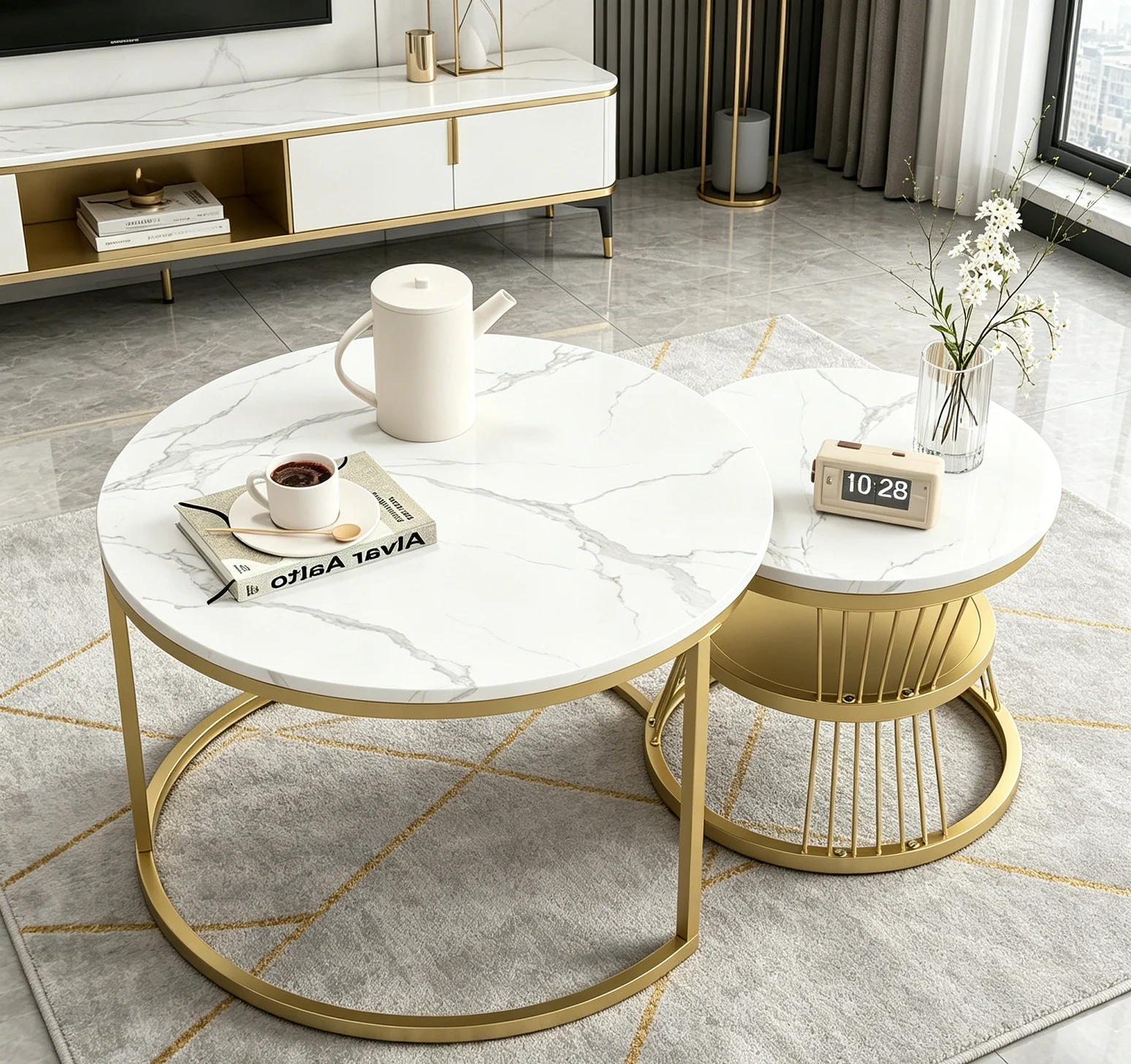 Rosahqnda 2-teiliges Couchtisch-Set, runder Beistelltisch, MDF und Metallrahmen, moderne Couchtische für Wohnzimmer, Schlafzimmer, Büro, 2 Stück