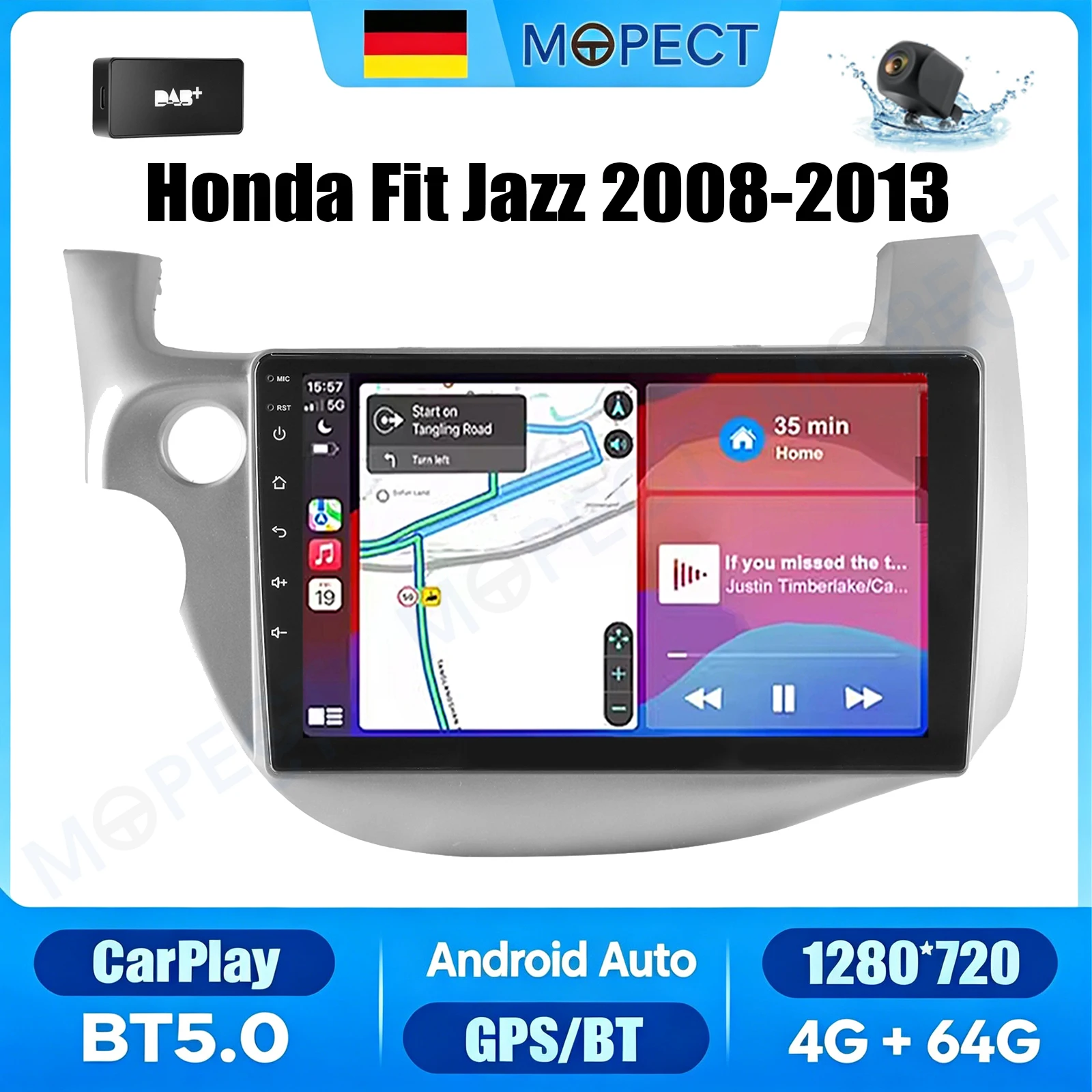 MOPECT 10-Zoll Android 15.0 Autoradio für Honda Fit Jazz 2008-2013 mit WiFi, CarPlay, 4+64G, GPS-Navigation, Touchscreen, Lenkradfernbedienung, AM/FM+DAB&AHD Image