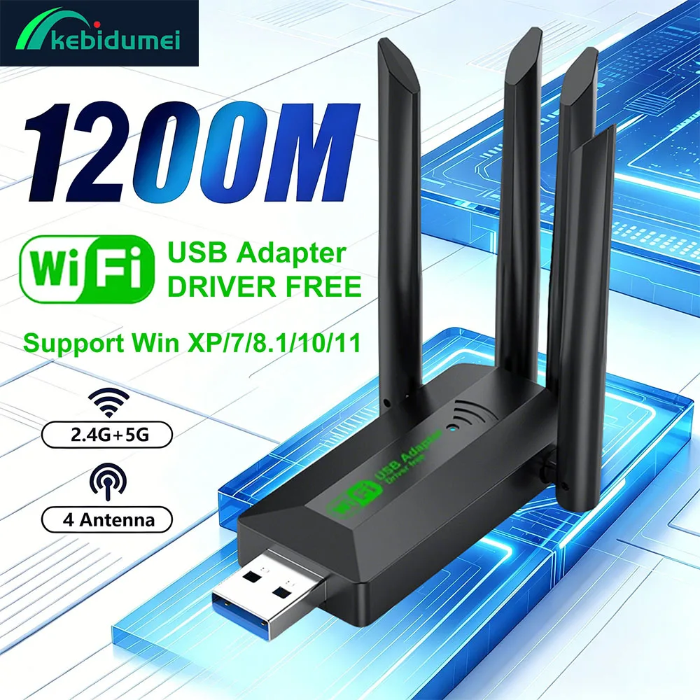 Kebidumei 1200Mbps WLAN-USB-Adapter Dual-Band 2,4G+5GHz WLAN-Dongle 4 Antennen 802.11AC USB3.0 Hochgeschwindigkeits-Wireless-Karte Empfänger Image