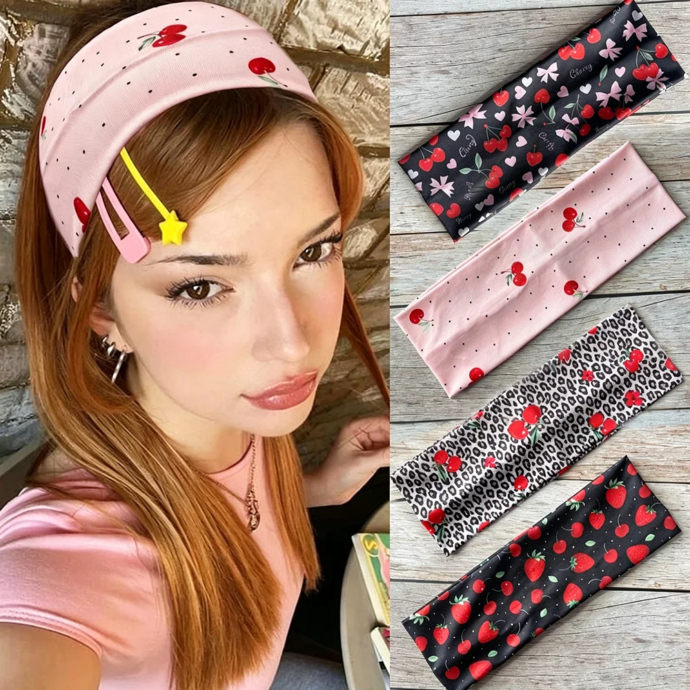 JYSP Neues Haarband mit Kirschmuster, modisches, süßes und cooles Haaraccessoire mit Fruchtmuster, breites, flaches, elastisches Haarband für Frauen Image