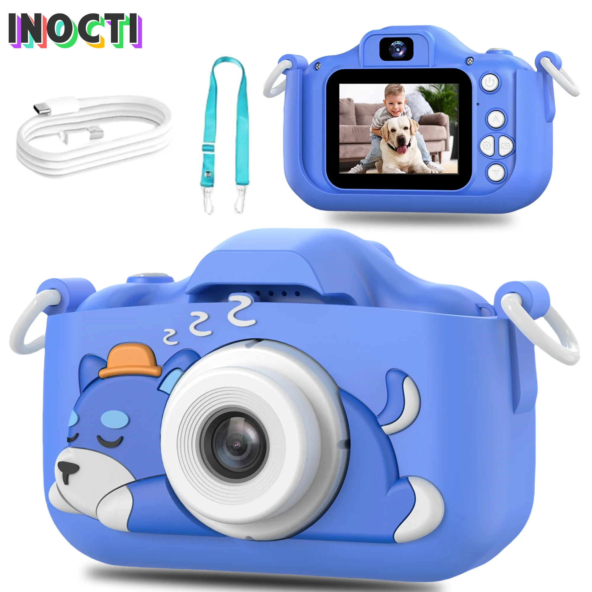 Blaue Hundekamera für Kinder, 1080P HD Digitalkamera, 2,0 Zoll Dual-Objektiv Selfie-Videokamera mit Spielen, Geburtstagsgeschenk-Spielzeug für Jungen Image