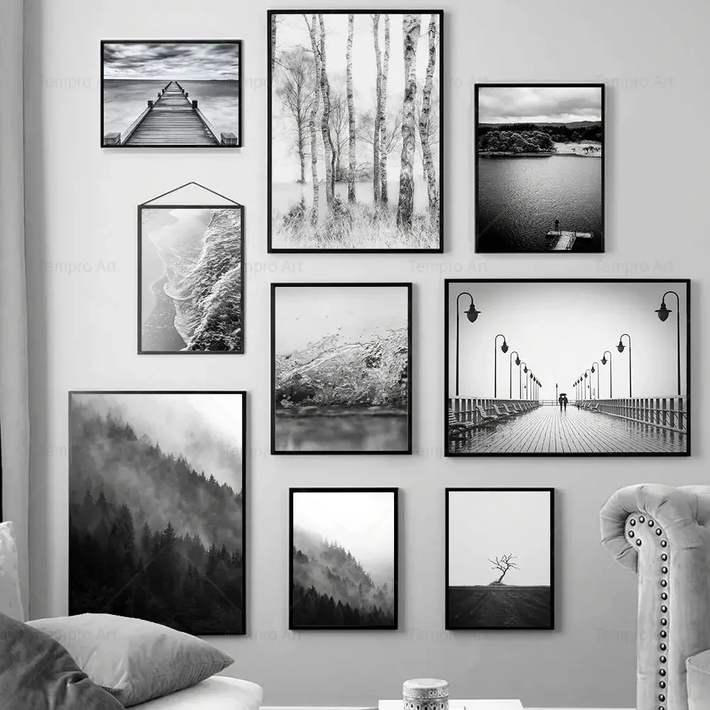 Schwarz-Weiß Schnee Baum Wald Welle Brücke Landschaft Leinwand Gemälde Poster Drucke Nordische Wandkunst Bilder Wohnzimmer Heim Deko