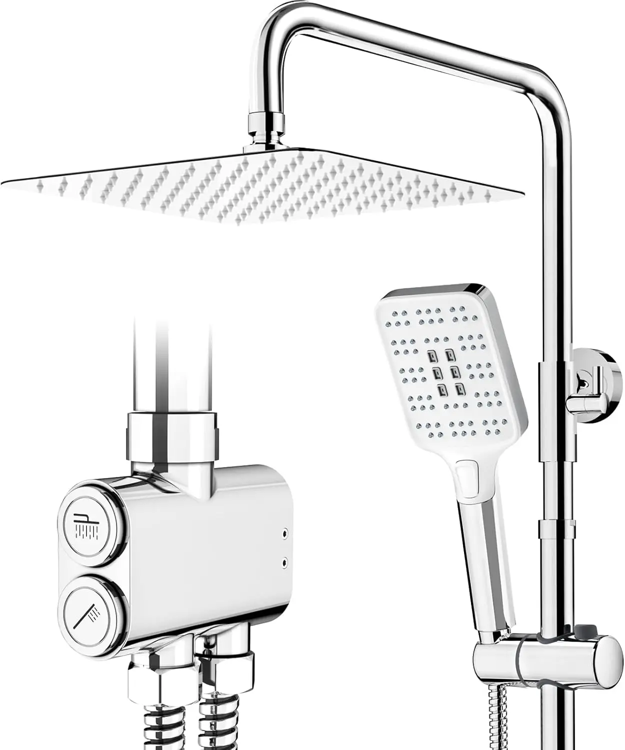 Duschsystem Chrom ohne Armatur – 25x25 cm Eckige Regendusche & Handbrause mit 3 Strahlarten, Duschset inkl. Duschstange & Umsteller, Regendusche-Set für die Nachrüstung im Badezimmer