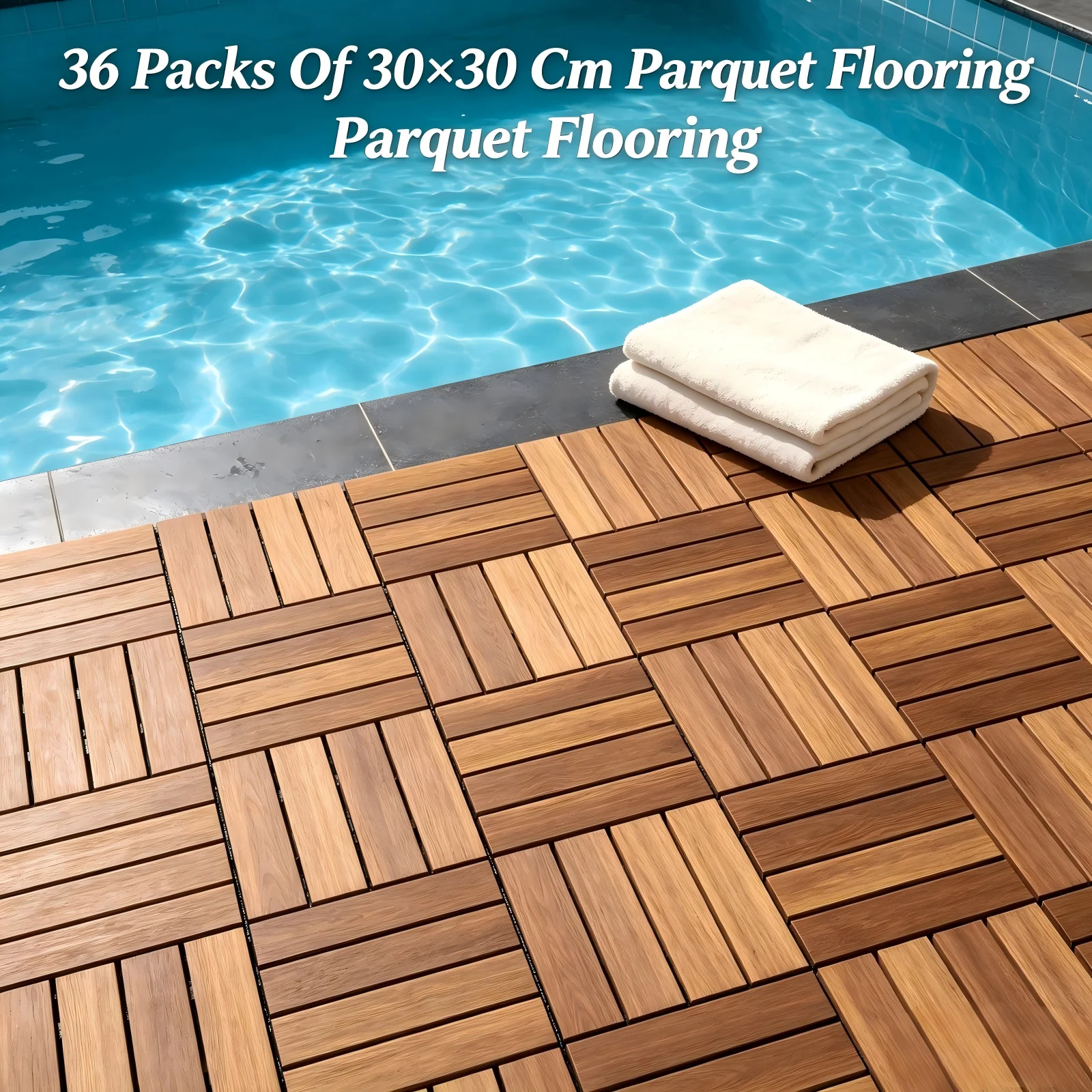 36 Packungen mit 30×30 cm großen Parkettbodenbelägen. 36 Packungen ineinandergreifende Terrassenfliesen aus Hartholz. Jede Bodenfliese hat die Größe 30,3*30,3*2,3 cm. Für Terrassendecks, Pools,