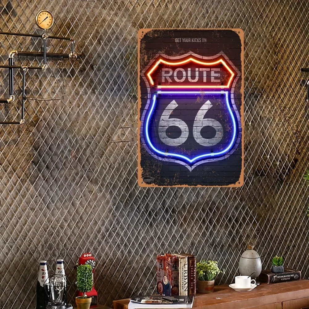 2D Flaches Metallschild Retro Route 66 Neonschild Vintage Metall-Wandkunst Heim Bar Garage Dekoration Image