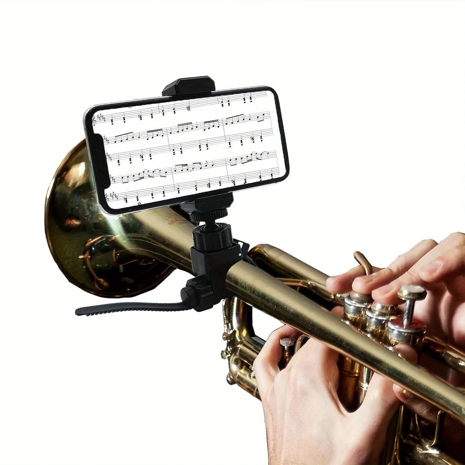 Verstellbare Trompeten-Telefonhalterung für Musikinstrumente, Blechblasinstrumenten-Lyra für Kornett, Klarinette, Posaune (Rundrohrdurchmesser 0,4-2,2 Zoll, verstellbar) Image