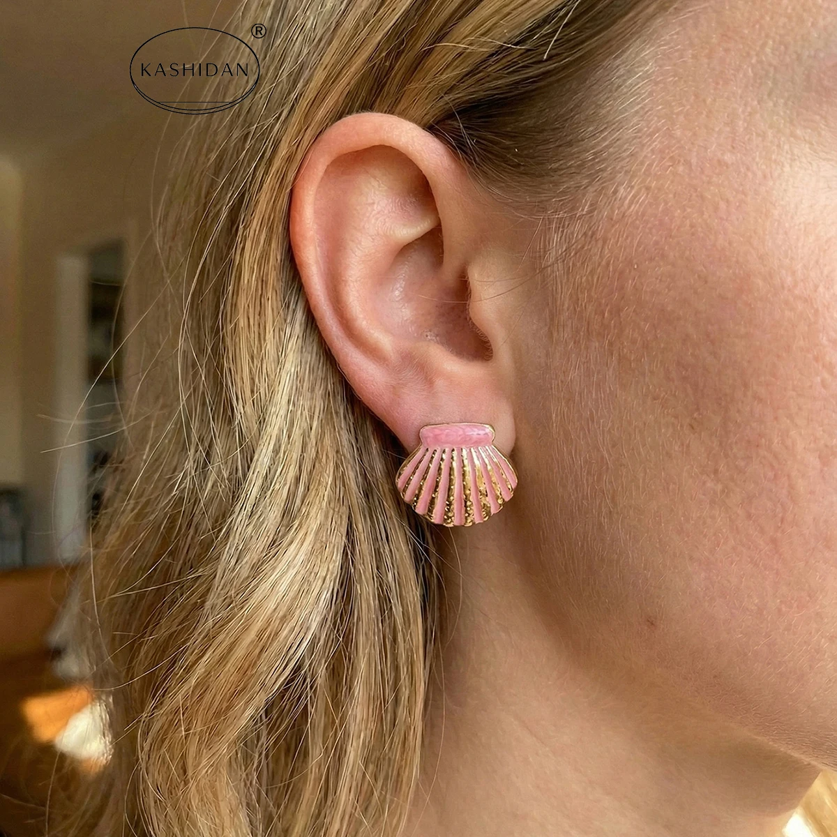 Vintage-Stil Öltropfen Geometrische Muschel Damen-Ohrstecker, Edelstahl-Ohrstecker, Wasserfester Hypoallergener Schmuck Image