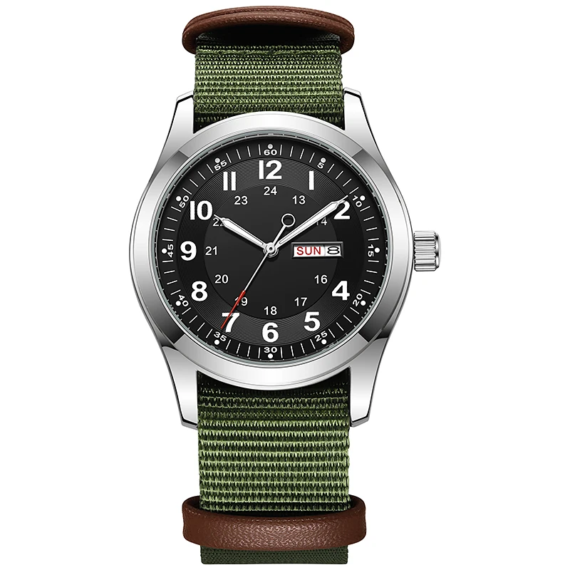 2026 Herren 42mm Uhr Leuchtend im Dunkeln Leuchtzifferblatt Tag-Datum Grünes Canvas-Armband 30M Wasserdicht Felduhr Khaki-Armband Image