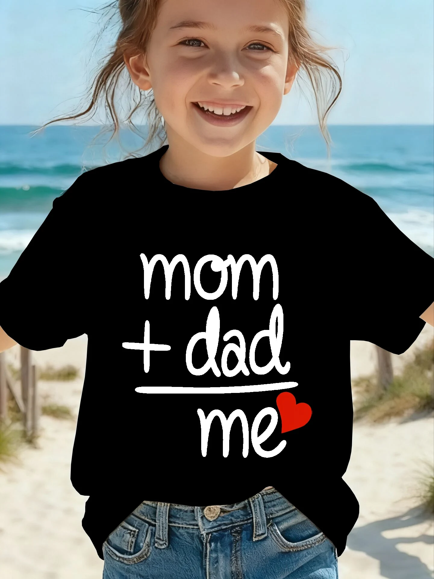 T-Shirt mit Buchstaben „Mom+Dad“ für Mädchen, lustiges Kawaii-Kurzarm-Eltern-Kind-Outfit mit O-Ausschnitt, Frühlings- und Sommer-Feiertagsparty-Motiv Image