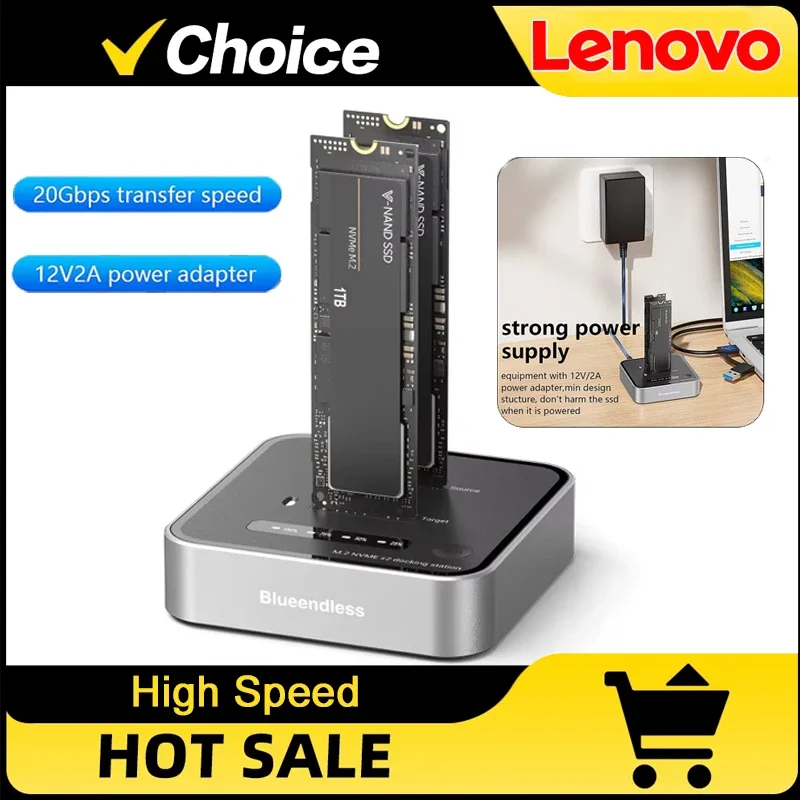 Lenovo Dual-Bay M.2 NVME SSD-Klon-Gerät, M.2 NVme SSD-Lesegerät, 20 Gbit/s USB3.2 Typ-C Offline-Klon-Duplikator, NVme PCIE-Gehäuse Image