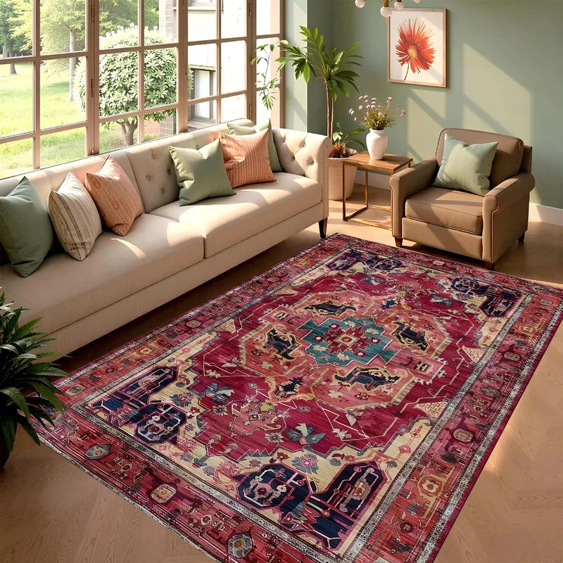VIKAMA Roter Perserteppich, rutschfest, für Wohnzimmer, Schlafzimmer, abstrakter Bohemian-Stil, Teppichdekoration Image
