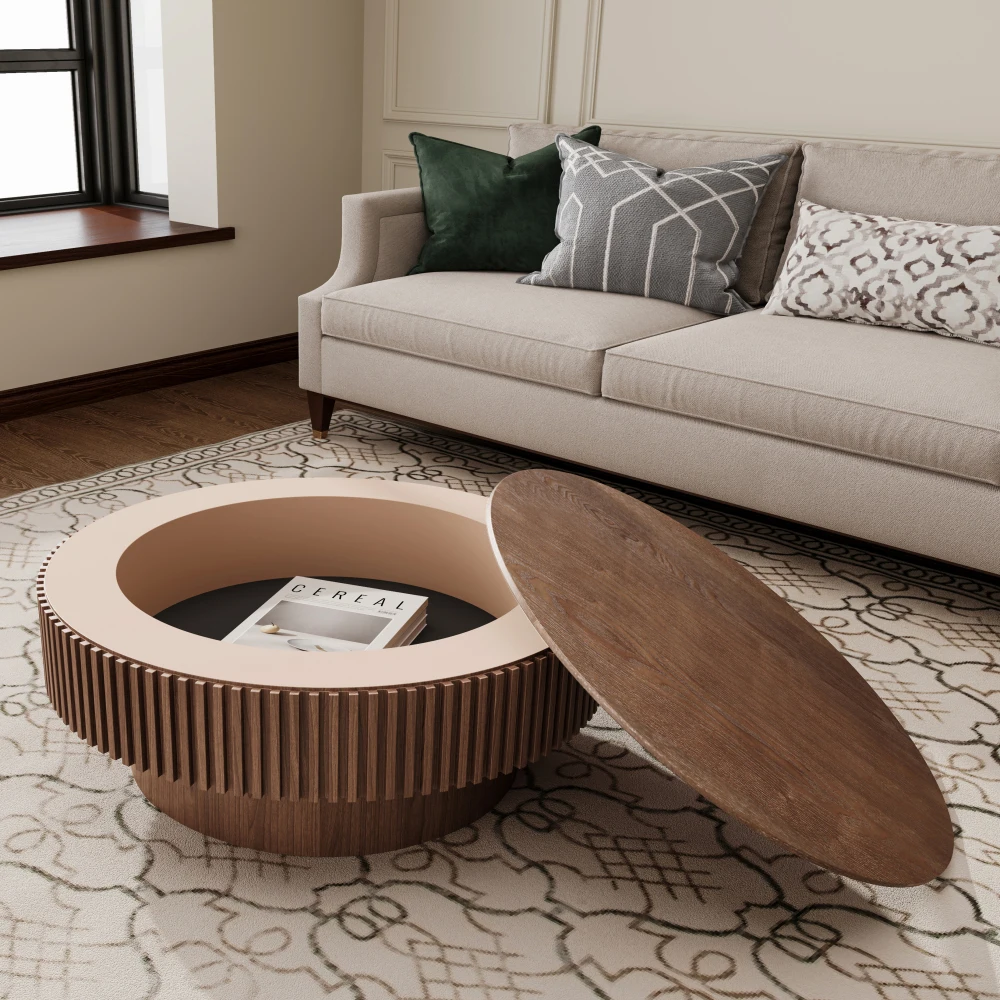 75cm Runder Couchtisch mit Stauraum, Massivholzfurnier Moderner Akzent-Teetisch, Runder Sofa-Beistelltisch für Wohnzimmer und Zuhause Image