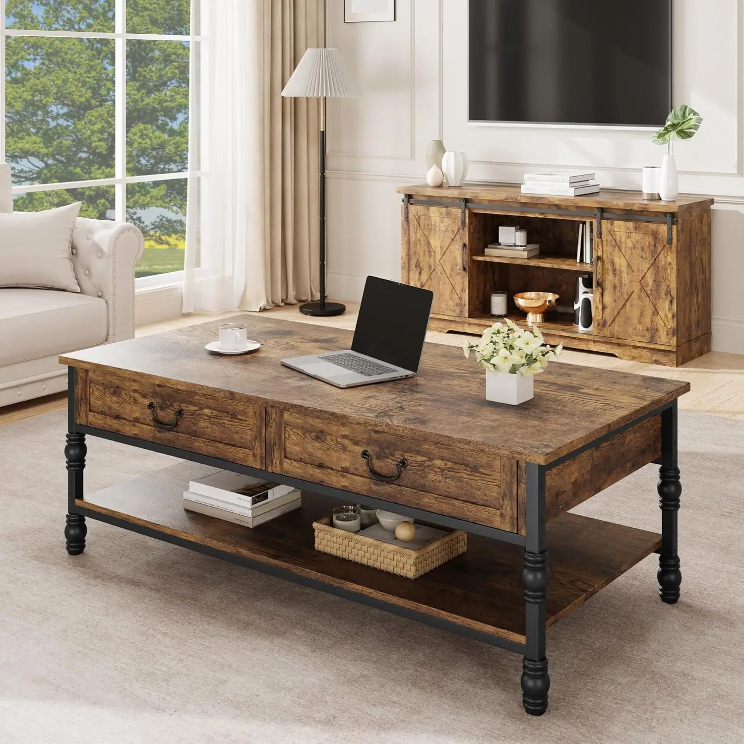 Rustikaler Holz-Couchtisch mit 2 Schubladen und offenem Regal, rechteckiger Mitteltisch mit Metallbeinen, Vintage-Landhaus-Wohnzimmertisch