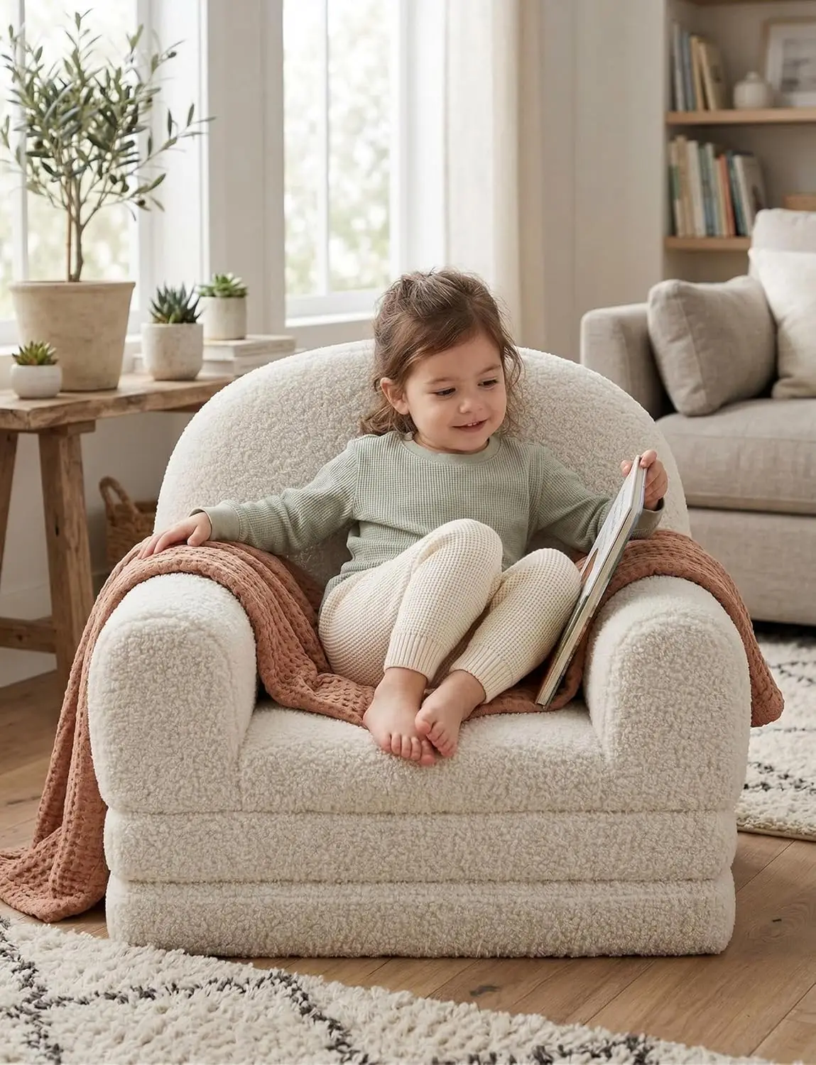 2-in-1 Konvertierbarer Kindersessel: Ausklappbare Kleinkind-Couch & Liege, Weicher Sherpa-Stoff-Kindersessel mit Stützschäumen, Kinderzimmer-Spielzimmermöbel für Jungen & Mädchen, Bequemer