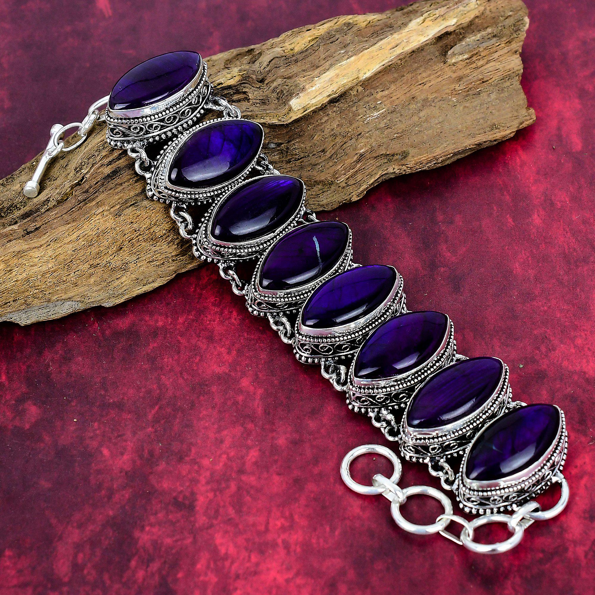 Bracciale in labradorite viola naturale, bracciale in argento sterling 925, bracciale regolabile, bracciale fatto a mano, gioielli con pietre preziose