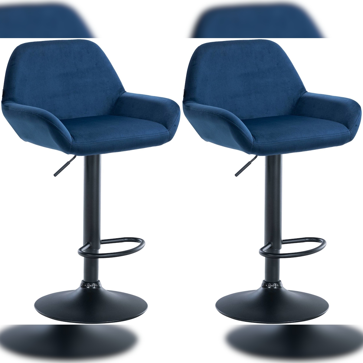 Décoshop26 - Set aus 2 Barhockern mit Fuß- und Armlehnen in blauem Samt schwarzes Metall-Trompetengestell 10_0006744 Image