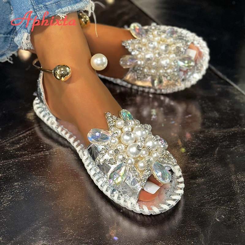 Aphixta Neue Gold Kristall Blume Flache Mit Sandalen Frauen Sommer Runde Kappe Schuhe Outdoor Weiche Sohle Bling Rutschen Große Größe 43