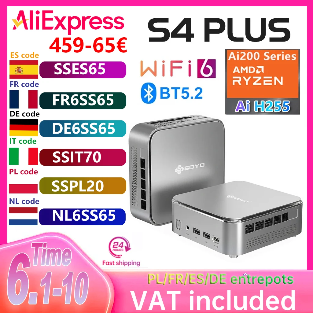 SOYO S4 PLUS MINI PC Ryzen 7 H255 DDR5 24GB SSD 512GB PCIe3.0 Nvme SSD WIFI6 BT5.2 8K HD Mini PC DIY Gaming-Computer Image