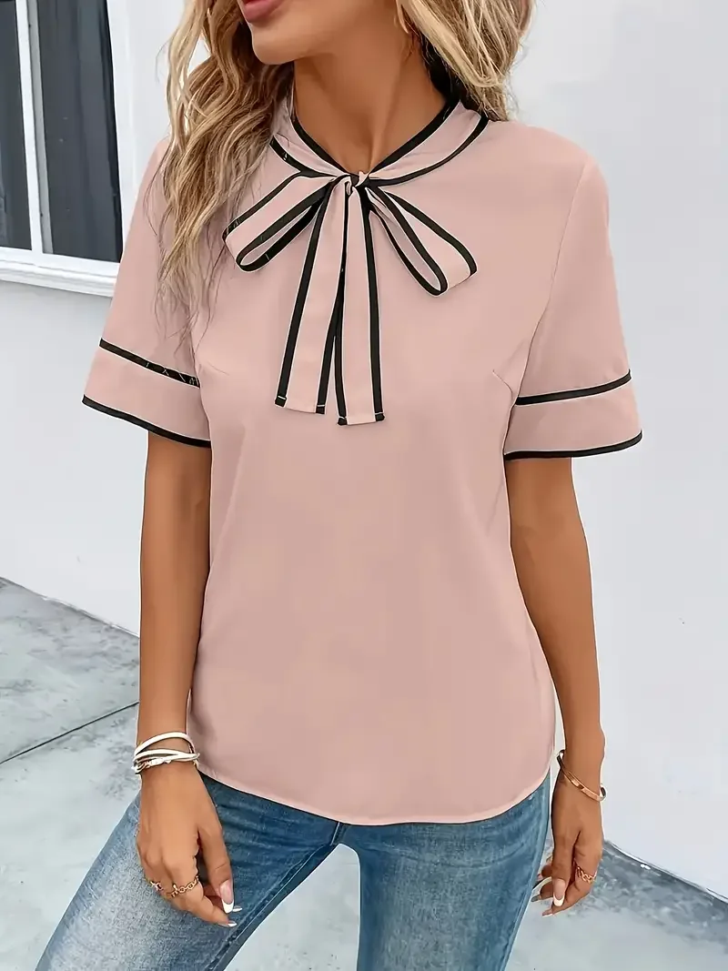 Plus Größe 1XL-5XL Frauen Mode Elegante Rote Schleife Halbarm Bluse Shirt Damen Casual Elegante Bluse Kurzarm Shirt