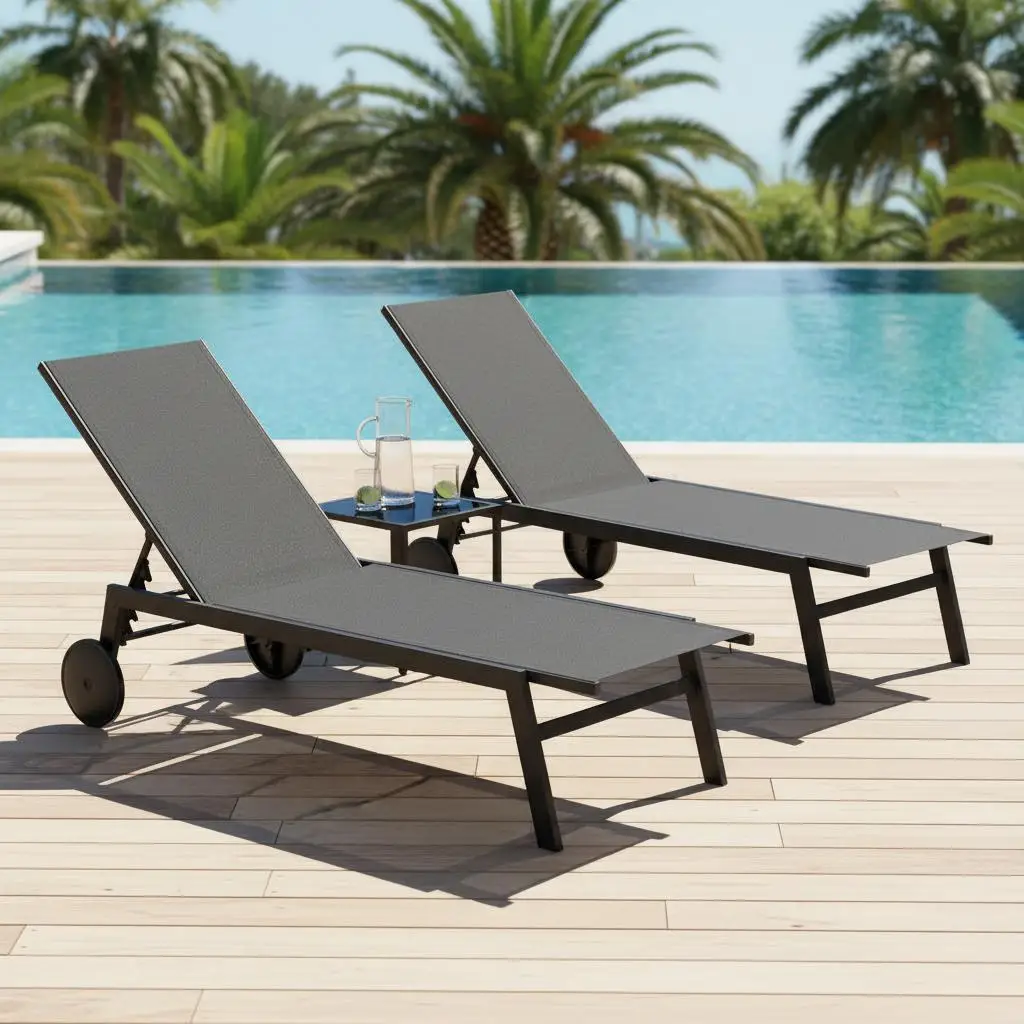 Sonnenliege mit Rollen und Beistelltisch, Gartenliege mit verstellbarer Rückenlehne und schwarzem Stoff