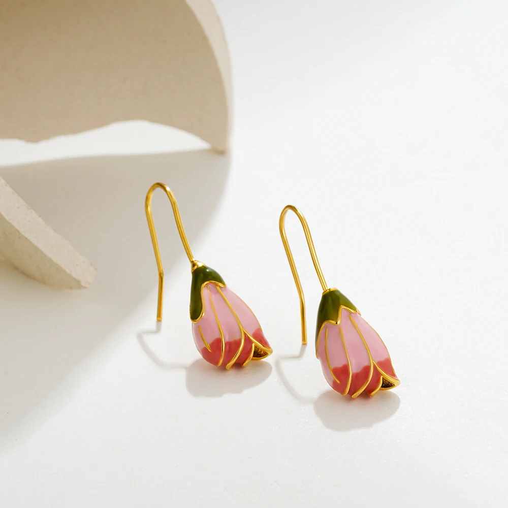 Vintage frische rosa Emaille Tulpe Blumen lange Quaste Tropfen baumeln Ohrringe für Frauen Mädchen süße Blumen 18 Karat vergoldete Ohr haken