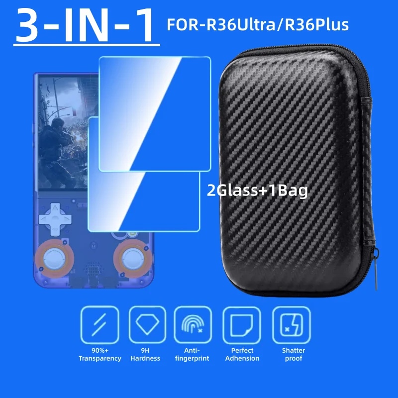 2 Glasfaser-Displayschutzfolien + 1 Tasche für R36 Ultra Spielekonsole, Aufbewahrungstasche, EVA-Schale, kratzfest, Displayschutzfolie Image