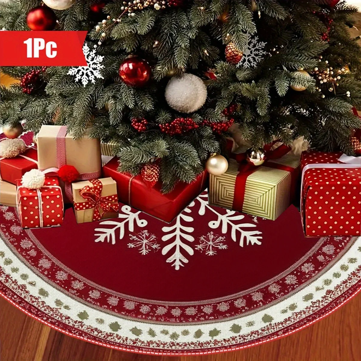 VIKAMA Rot-weißes Schneeflocken-Design, luxuriöser Weihnachtsbaumrock, für festliche Partys im Innenbereich, waschbar, wiederverwendbare Heimdekoration Image