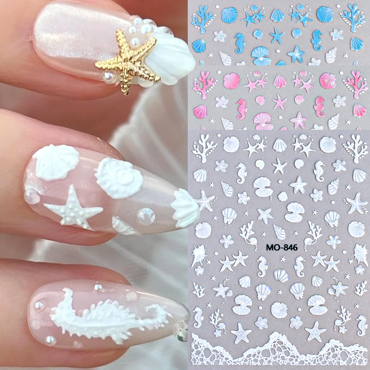 Nagelaufkleber mit Meeresmotiven, verträumte Sommer-Nagelaufkleber mit Muscheln und Seesternen, Nagelaufkleber mit Muscheln, Quallen und Meeresmotiven. Image