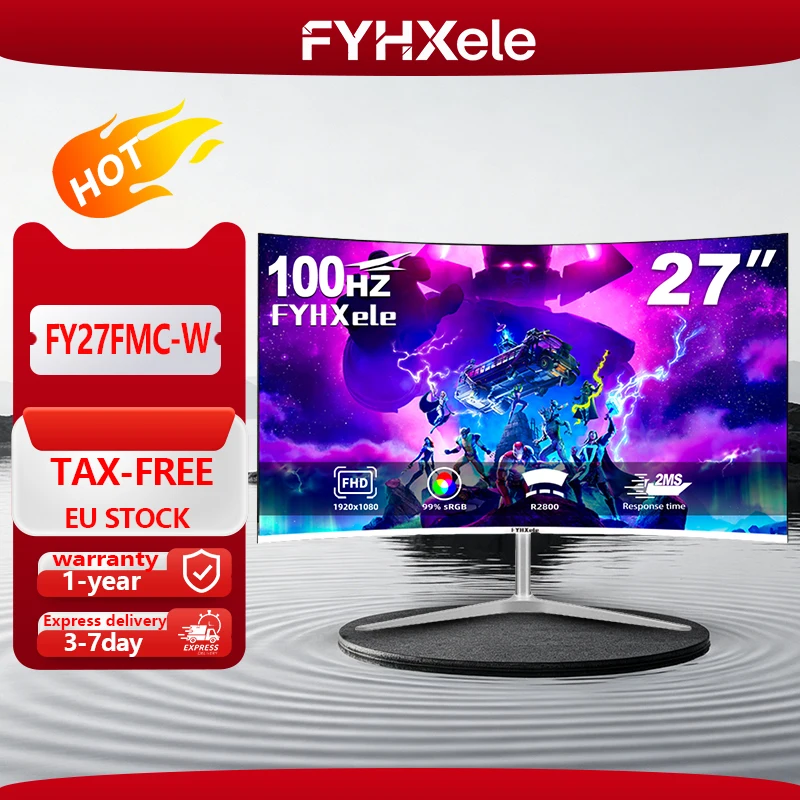 FYHXele 27 Zoll TFT gebogener Gaming-Büro-Bildschirm, 100 Hz Bildwiederholfrequenz, 2 ms hohe Reaktionsgeschwindigkeit, unterstützt 1920 * 1080 Auflösung, ausgestattet mit HDMI- oder Image